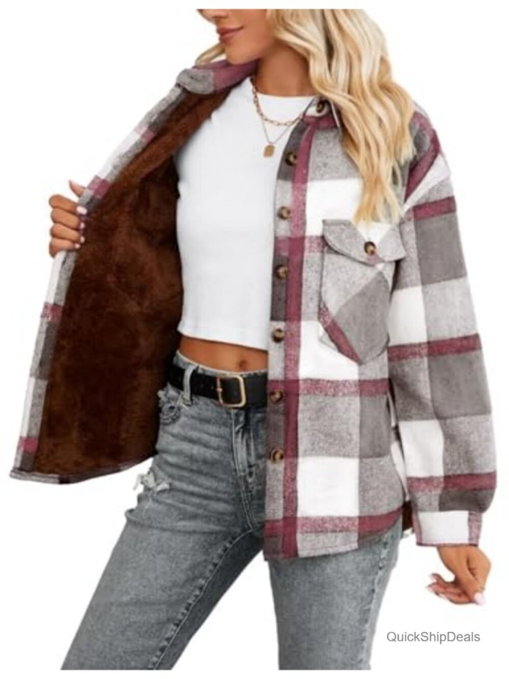 Womens Sherpa Lined Plaid Flannel Shacket Button Down Fuzzy Oversized Warm